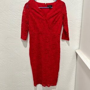 Red Ruffled Asymmetrical V-Neck Midi Dress